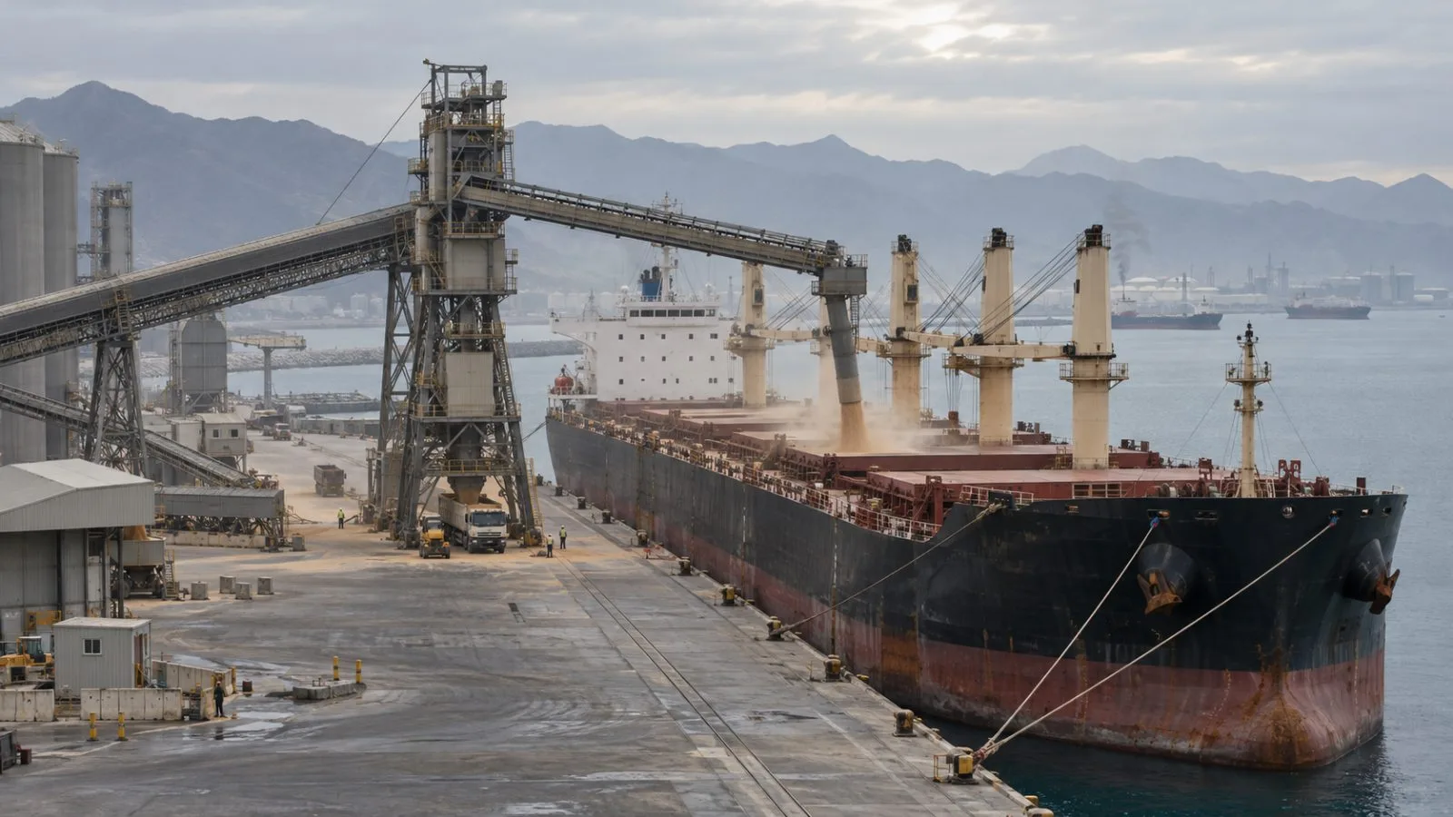 A grain vessel is unloaded at a commercial berth in Fujairah, United Arab Emirates. (AI-generated image / EconoTimes)