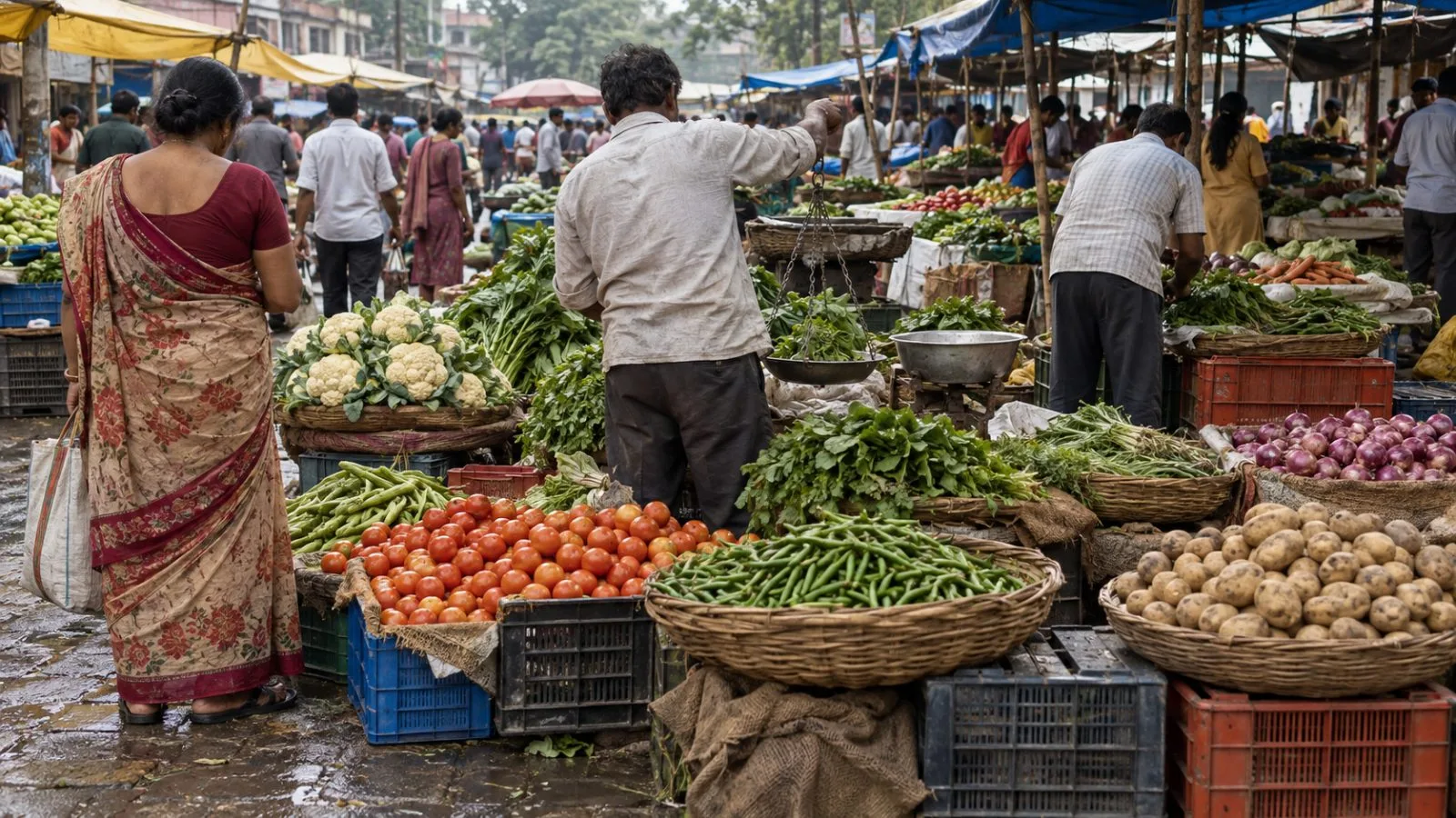 Vendors weigh vegetables as shoppers examine produce at a market in New Delhi, India. (AI-generated image / EconoTimes)