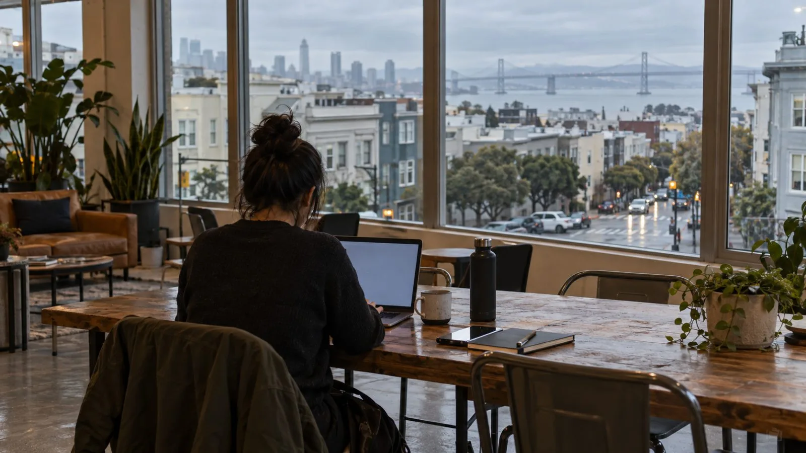 An anonymous developer works at a laptop in a San Francisco shared workspace. (AI-generated image / EconoTimes)