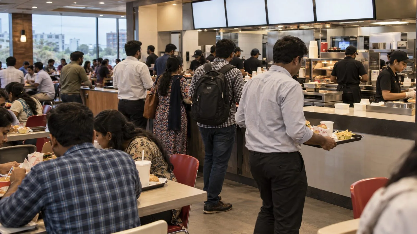 Customers collect meals during lunchtime at a fast-food restaurant in Mumbai, India. (AI-generated image / EconoTimes)