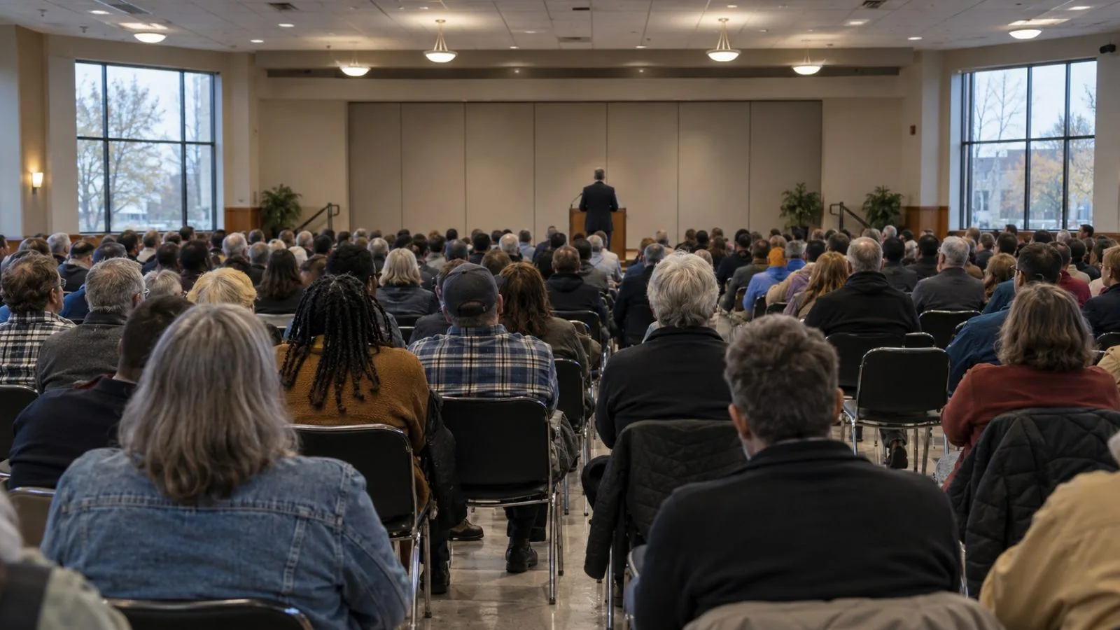 Campaign attendees listen inside a hall in Grand Rapids, Michigan. (AI-generated image / EconoTimes)