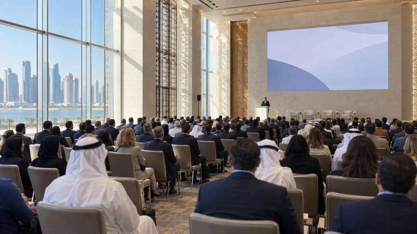 Delegates listen during a session at the World Investment Forum in Doha, Qatar. (AI-generated image / EconoTimes)