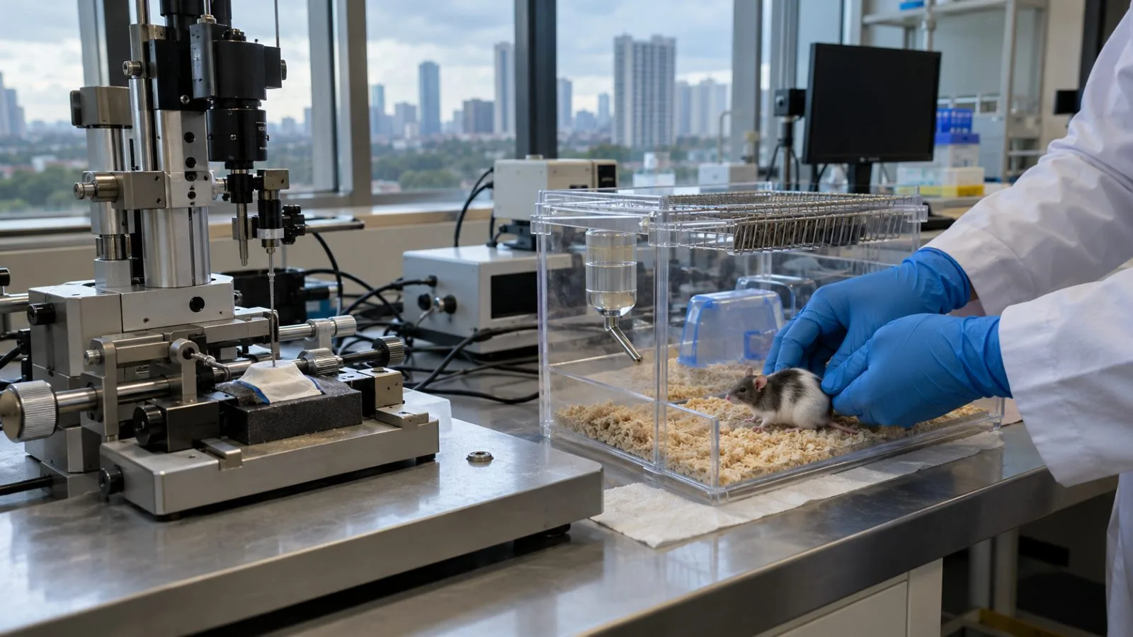 A mouse in a recovery cage beside stereotaxic equipment at a neuroscience lab in Taguig. (AI-generated image / EconoTimes)