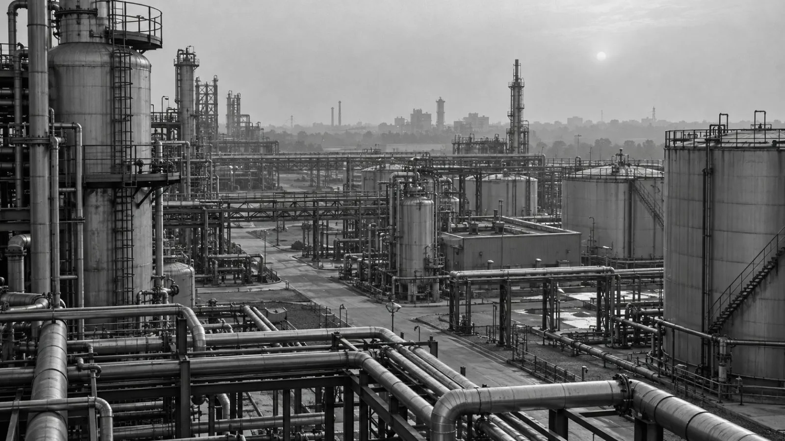 Process pipes and storage tanks stand at a chemical plant in Vilayat, Gujarat, India. (AI-generated image / EconoTimes)