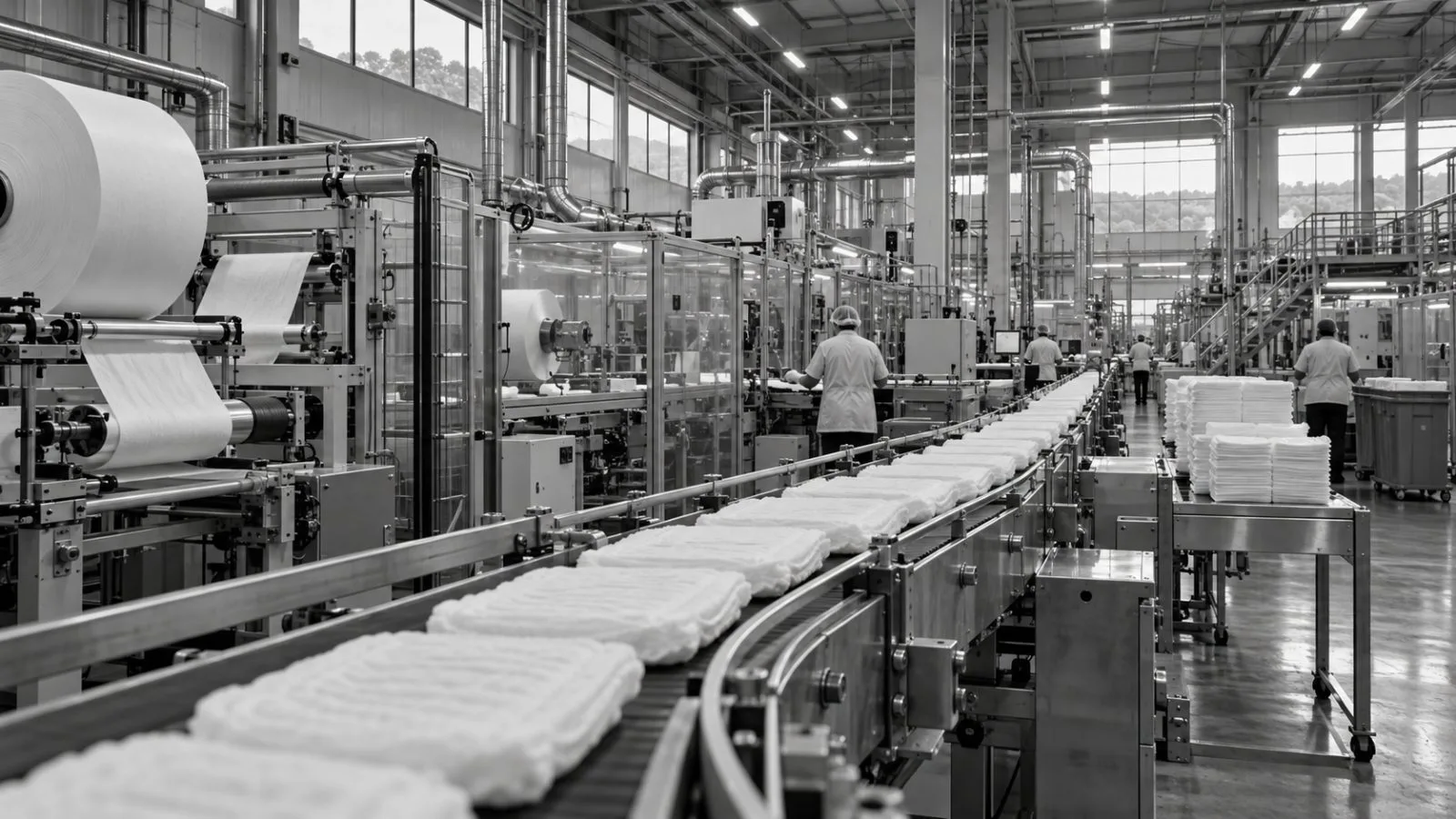 Workers oversee a continence-care production line inside a new factory in Felgueiras, Portugal. (AI-generated image / EconoTimes)