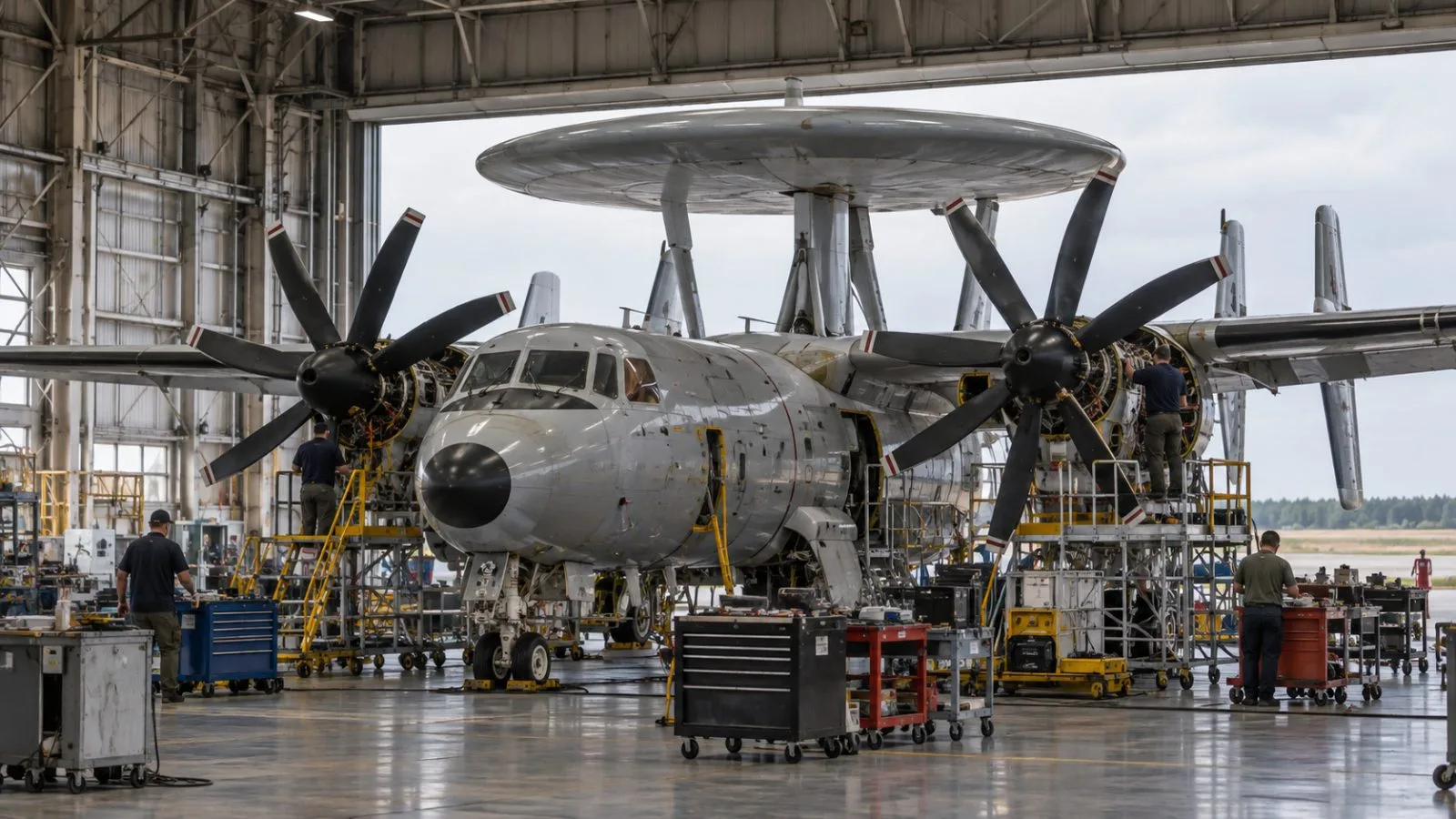 An E-2D aircraft stands on the assembly floor inside a hangar in St. Augustine, Florida. (AI-generated image / EconoTimes)