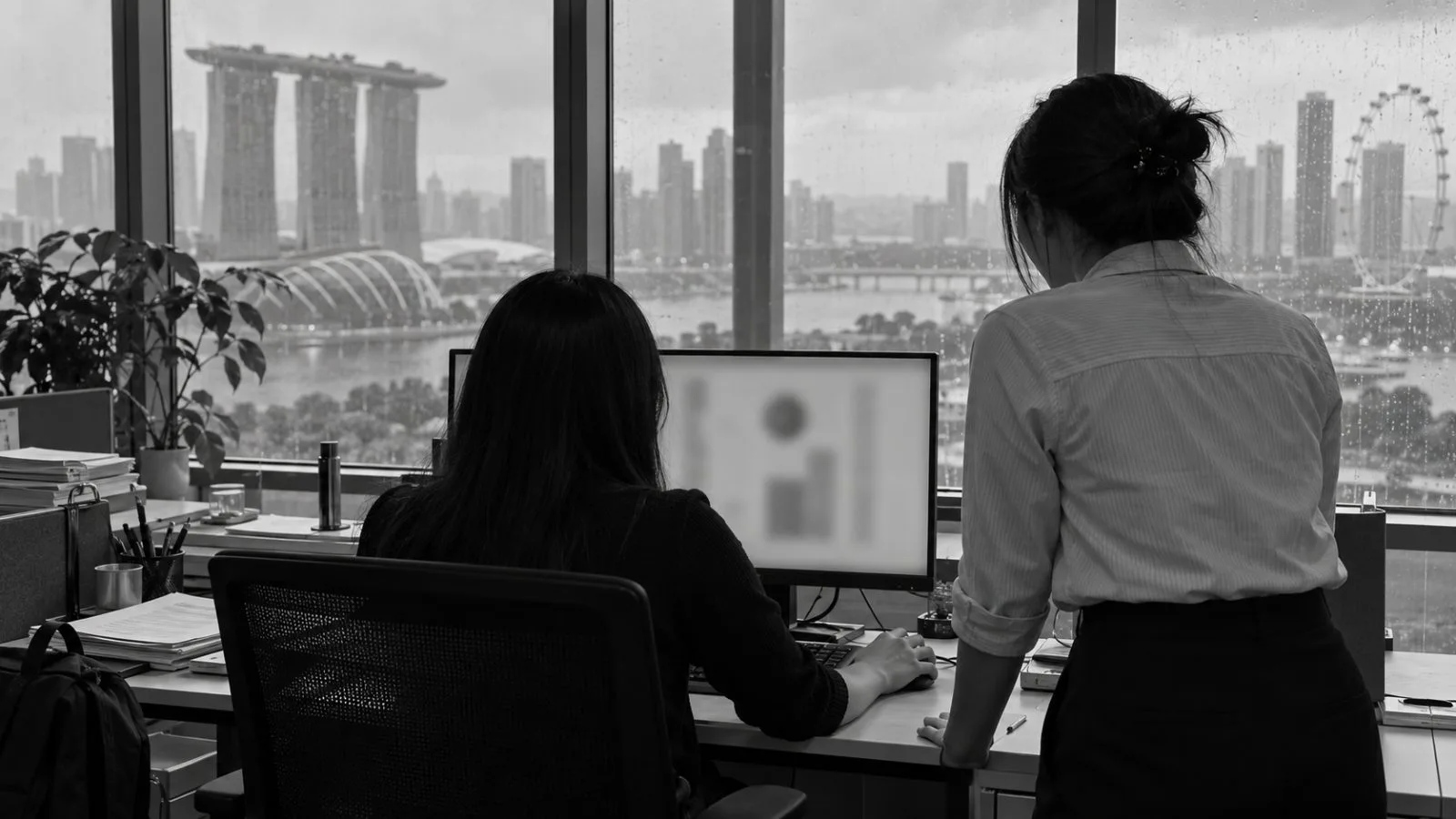 A recruiter reviews a candidate’s résumé during an interview in Singapore. / EconoTimes.ai (mono)