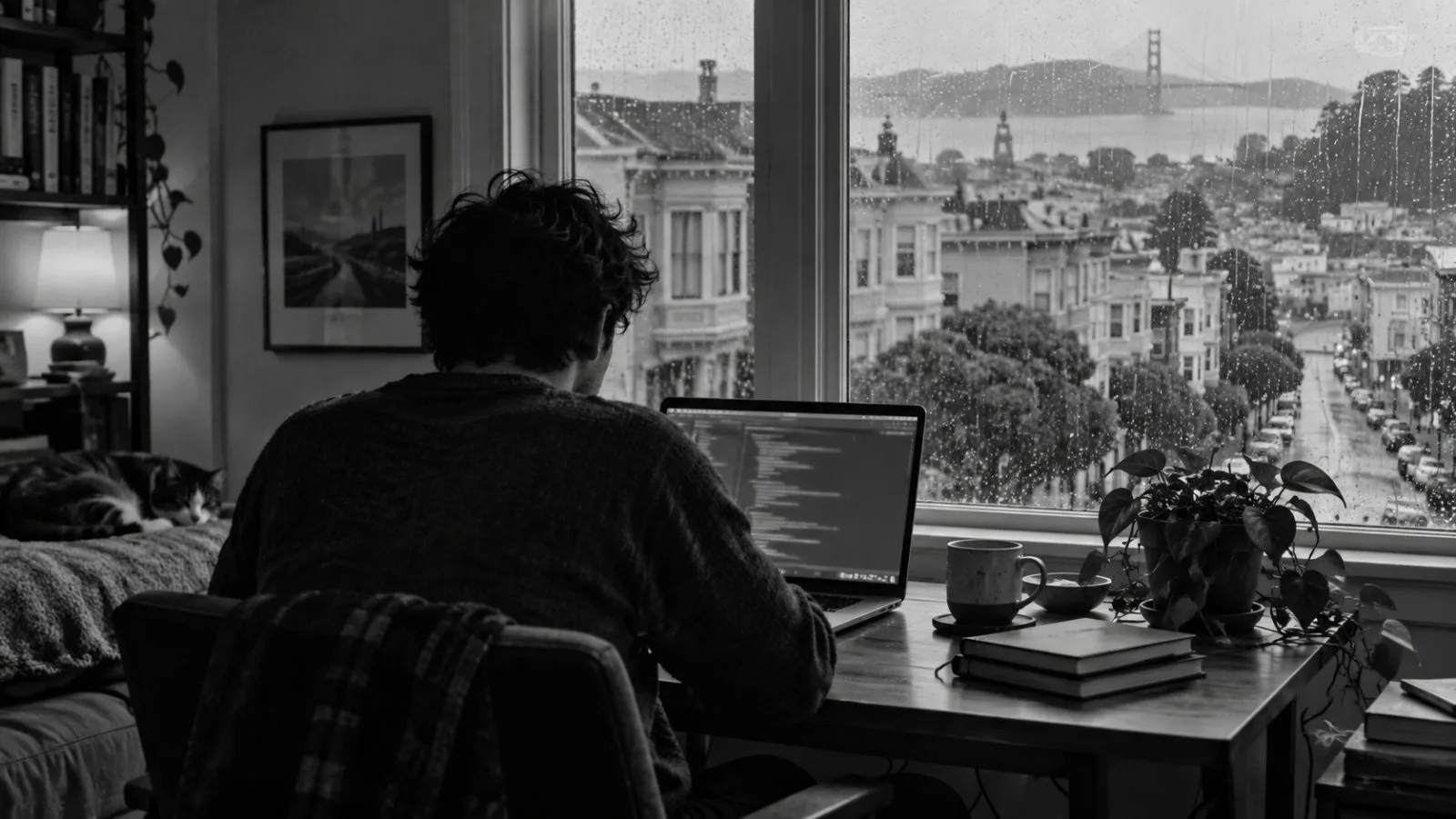 A developer reviews a laptop in a San Francisco home workspace. (AI-generated image / EconoTimes)