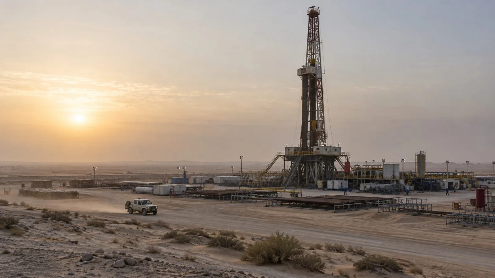 A drilling rig stands at an onshore oilfield outside Abu Dhabi, United Arab Emirates. (AI-generated image / EconoTimes)