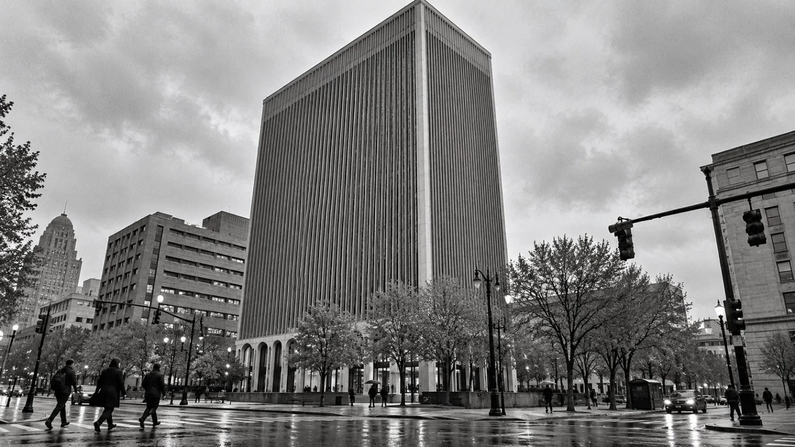 Pedestrians pass the One M&T Plaza headquarters in downtown Buffalo, New York, on a cloudy morning. / EconoTimes.ai