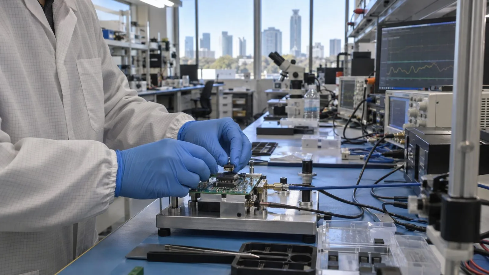 A technician seats a semiconductor component in a test fixture at an electronics lab in Austin, Texas. (AI-generated image / EconoTimes)