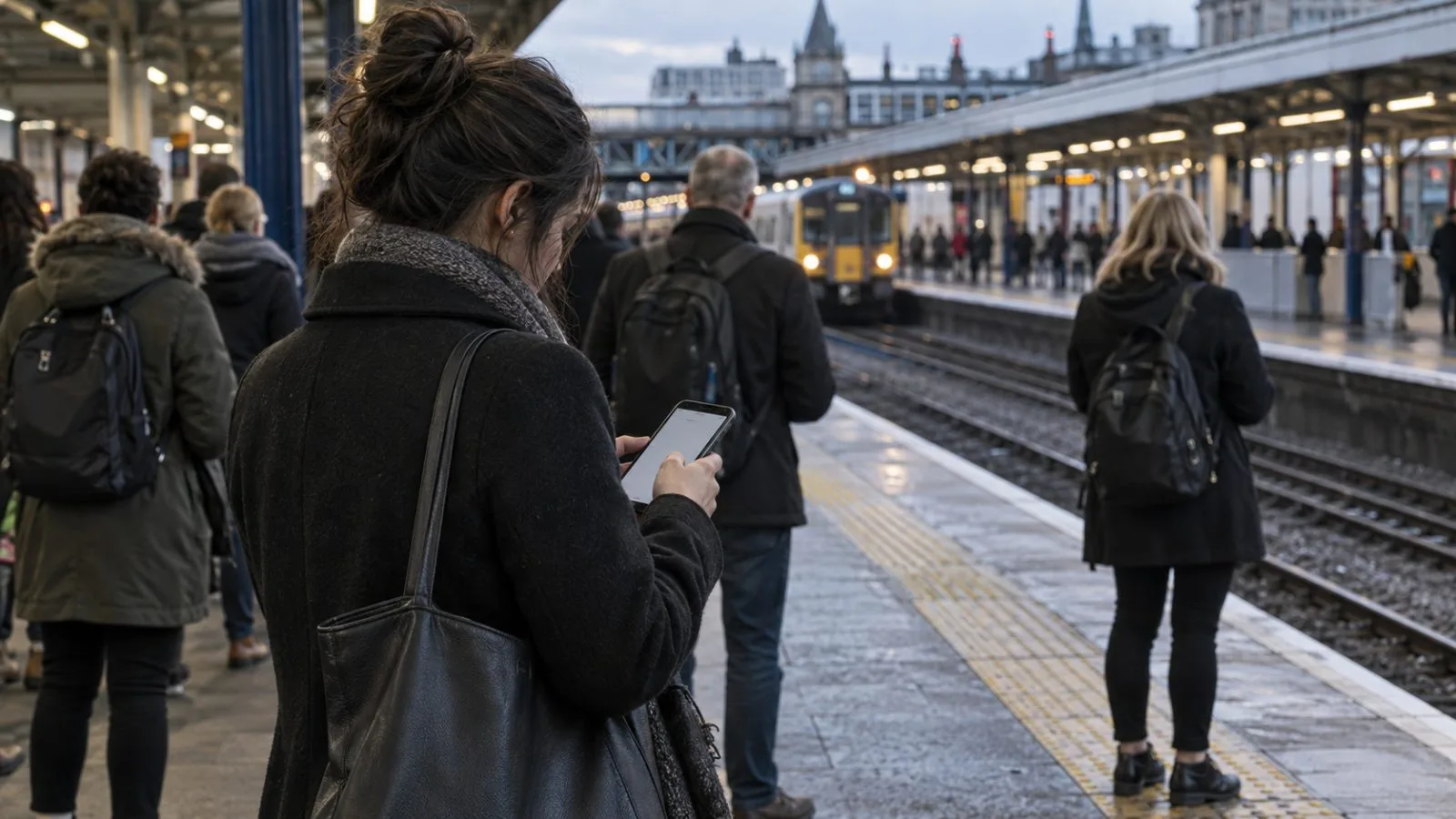 A passenger uses a mobile phone on a railway platform in London, Britain. (AI-generated image / EconoTimes)