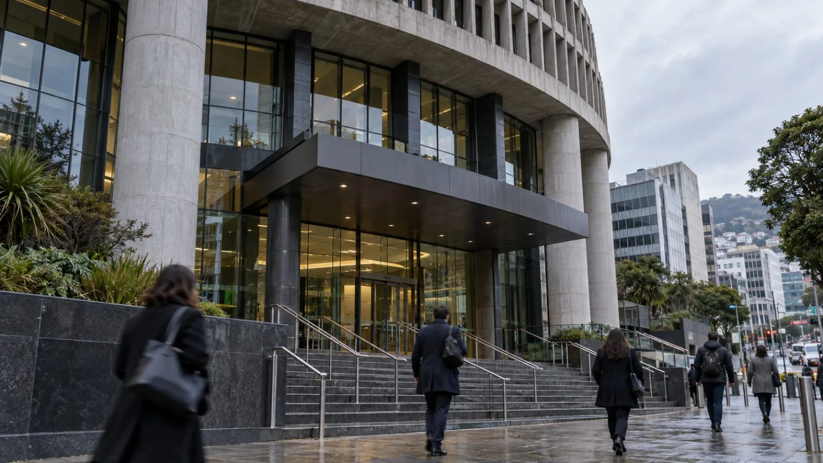 Pedestrians pass the Reserve Bank of New Zealand building in Wellington. (AI-generated image / EconoTimes)