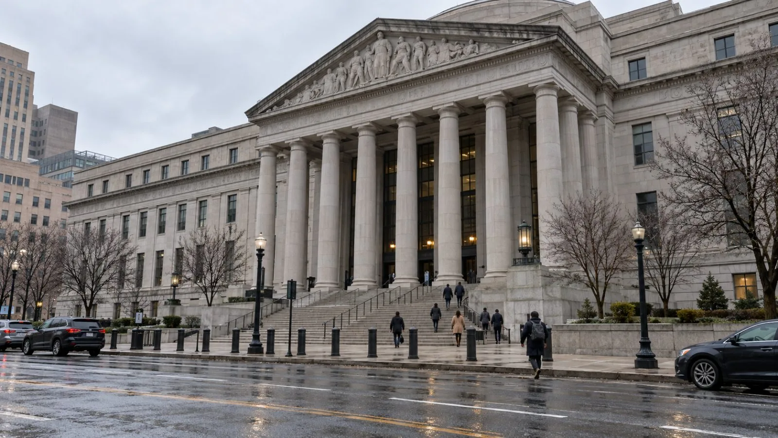 Pedestrians pass the federal courthouse in Baltimore, Maryland, under overcast skies. (AI-generated image / EconoTimes)