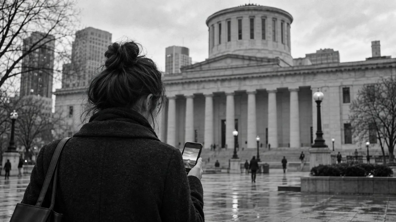 A pedestrian holds a phone outside the Ohio Statehouse in Columbus, Ohio. (AI-generated image / EconoTimes)