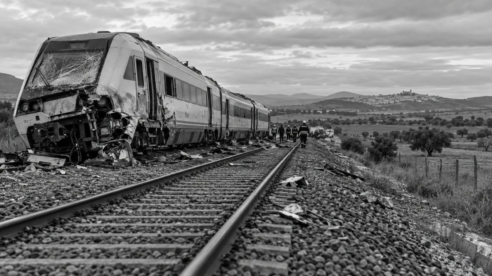 A damaged passenger train stands on the railway near Urda in Spain’s Toledo province. (AI-generated image / EconoTimes)