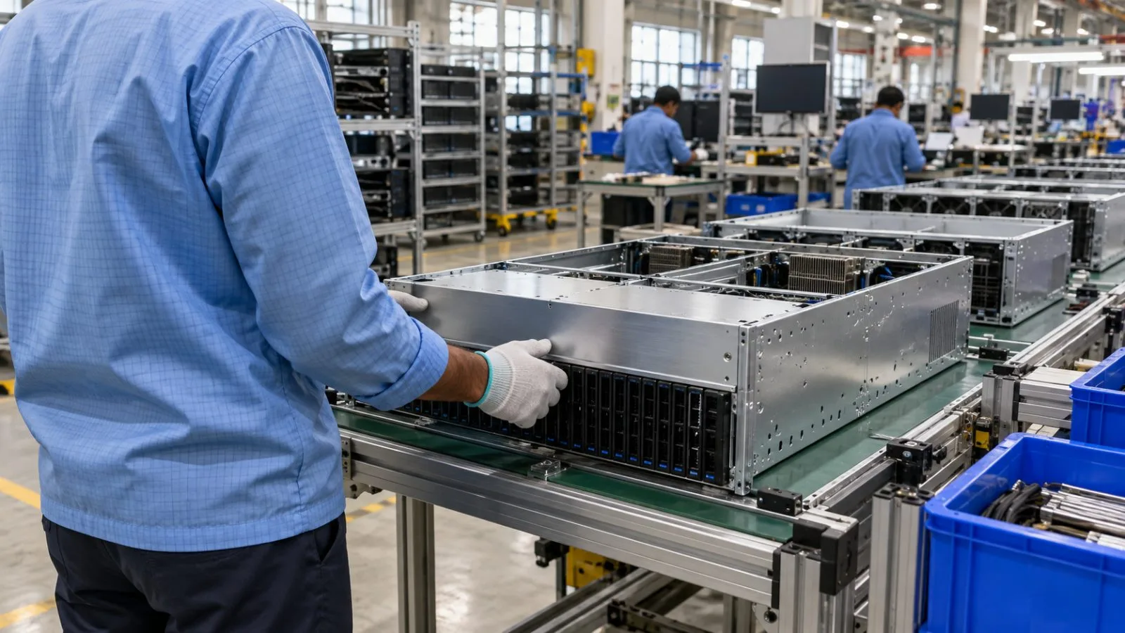 A technician inspects a computing system chassis at a manufacturing facility in Faridabad, India. (AI-generated image / EconoTimes)