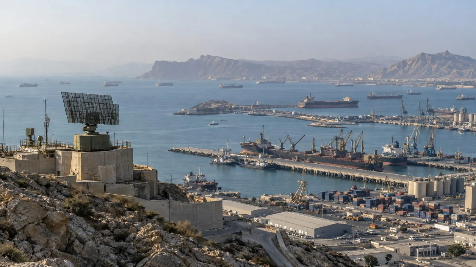 A coastal radar installation overlooks the working harbor at Bandar Abbas, Iran. (AI-generated image / EconoTimes)