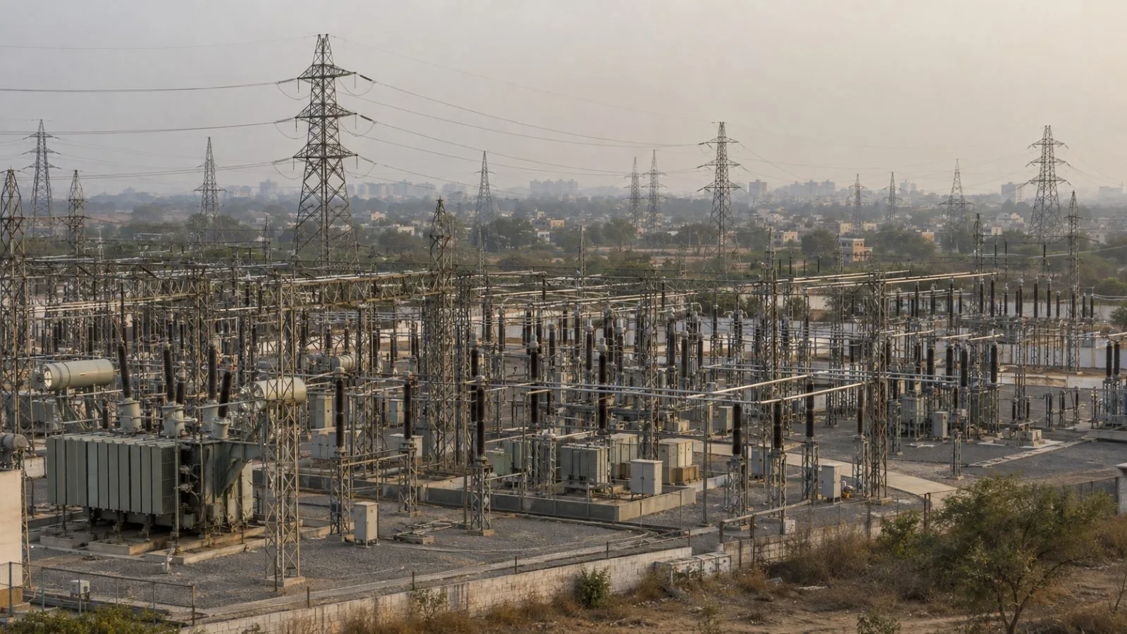 Transmission lines run from a power station on the outskirts of New Delhi, India. (AI-generated image / EconoTimes)
