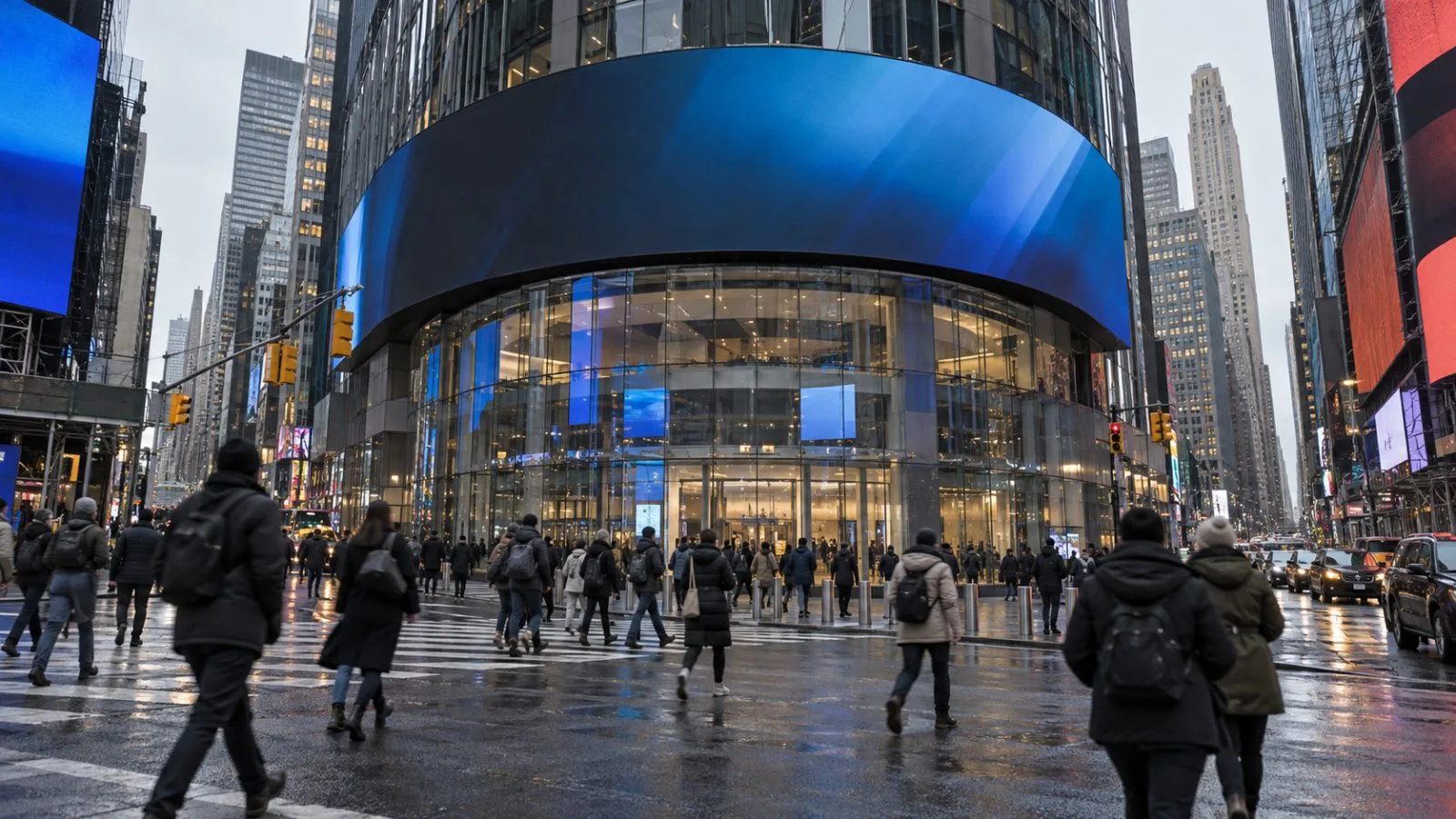 Pedestrians pass the Nasdaq MarketSite building in New York City on a cloudy morning. (AI-generated image / EconoTimes)