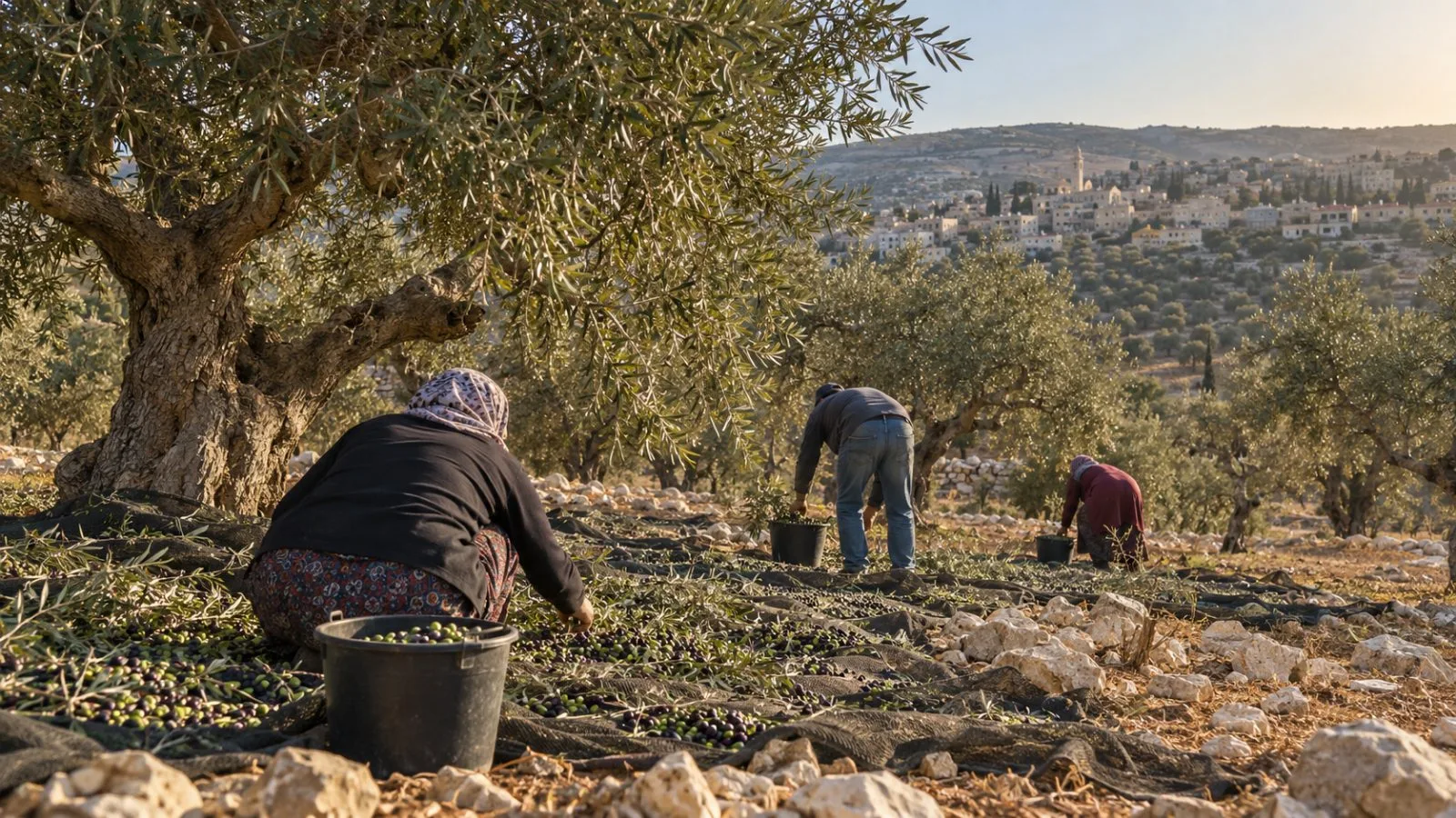 Palestinian harvesters gather olives in a grove near Taybeh in the occupied West Bank (AI-generated image / EconoTimes)