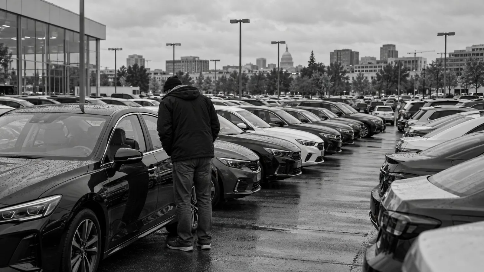A shopper examines a sedan at a new-car dealership in Washington, D.C. (AI-generated image / EconoTimes)