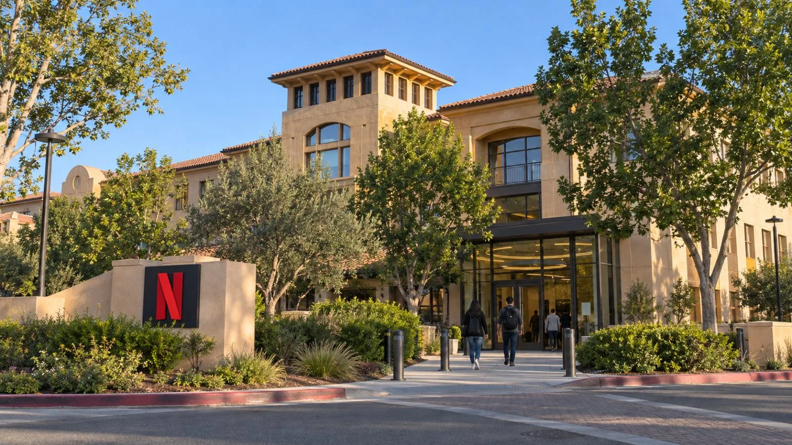 Employees enter Netflix's headquarters in Los Gatos, California, on an overcast afternoon. / EconoTimes.ai