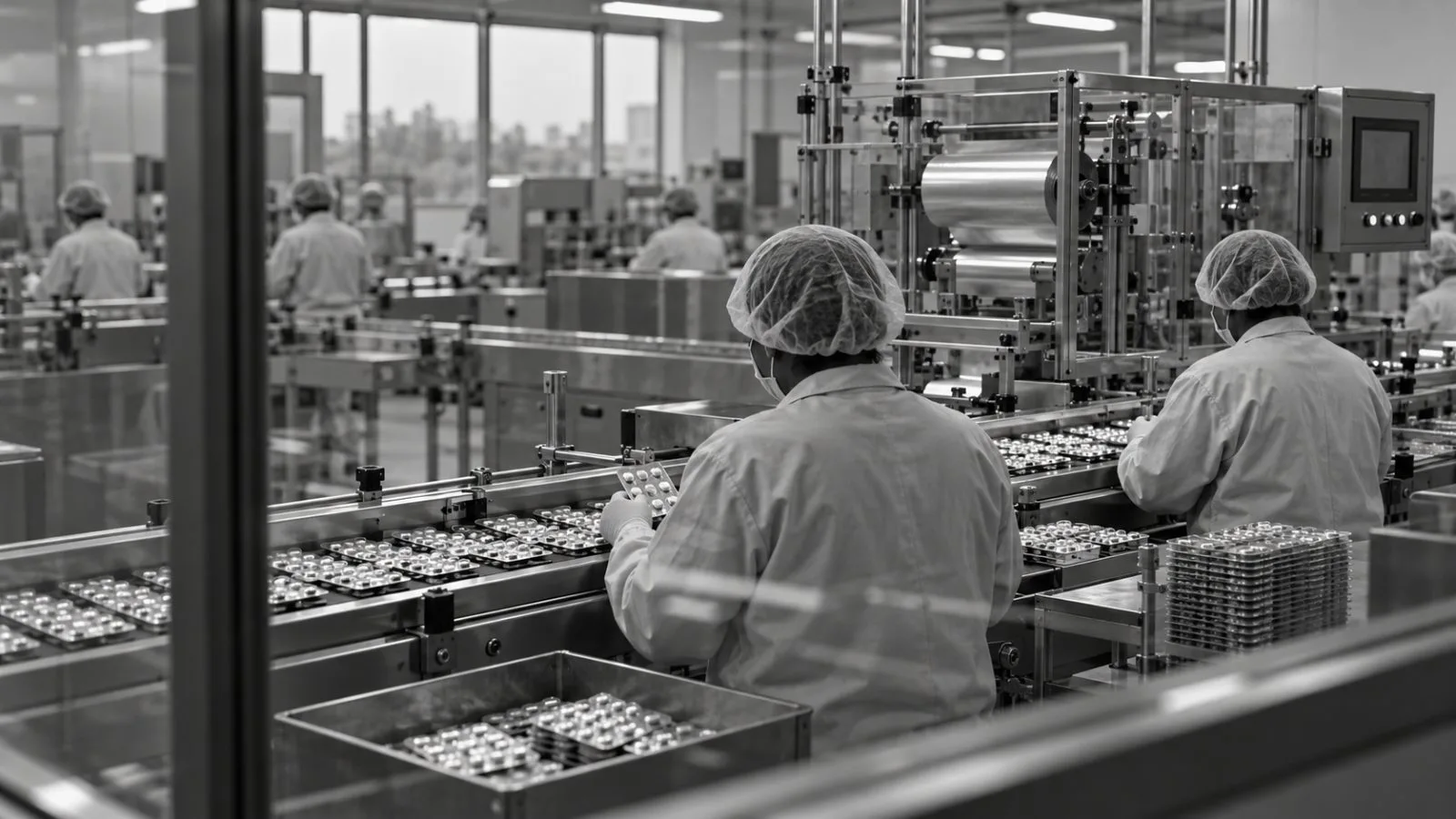 Workers inspect blister-packed medicine on a production line in New Delhi, India. / EconoTimes.ai