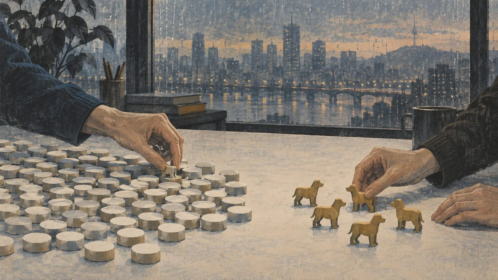 An editorial illustration shows dog-shaped tokens set apart from a wider group in Seoul. (AI-generated image / EconoTimes)