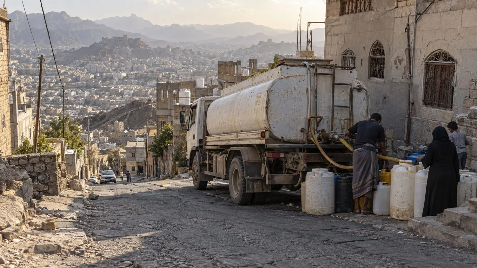 A water delivery truck pauses beside containers on a steep street in Taiz, Yemen. (AI-generated image / EconoTimes)