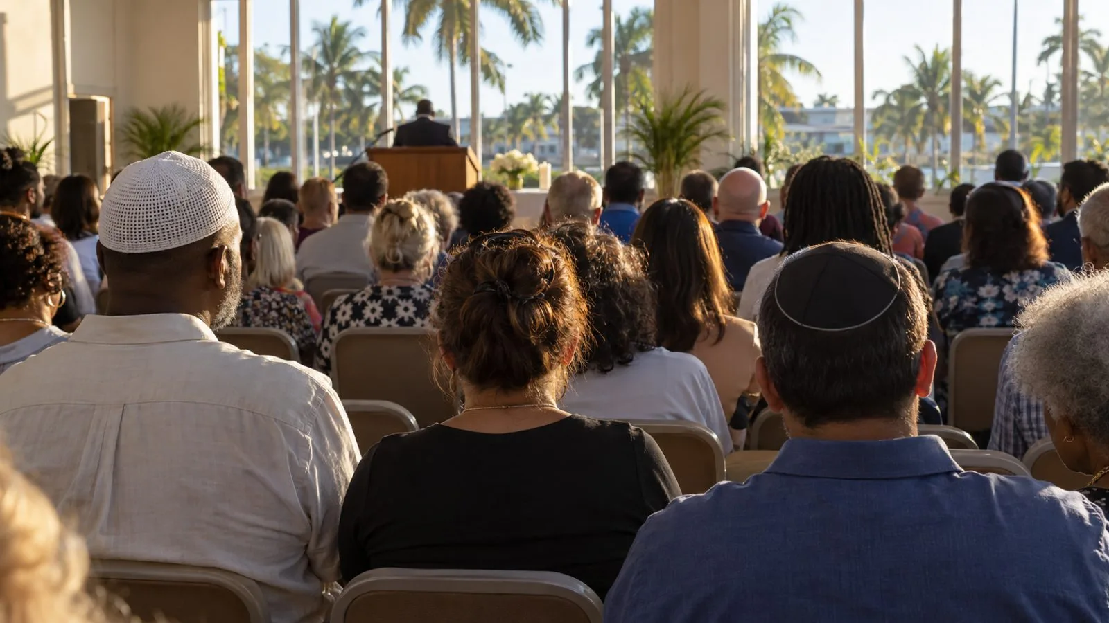 Attendees face a lectern at an interfaith gathering in Hollywood, Florida. (AI-generated image / EconoTimes)