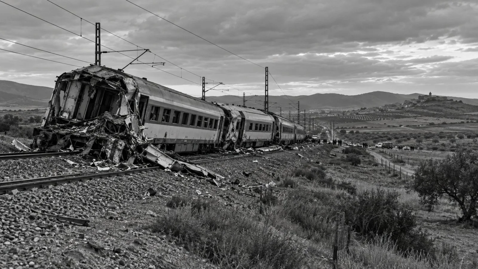 Damaged passenger train cars lie beside the Madrid-Seville line near Urda, Spain (AI-generated image / EconoTimes)