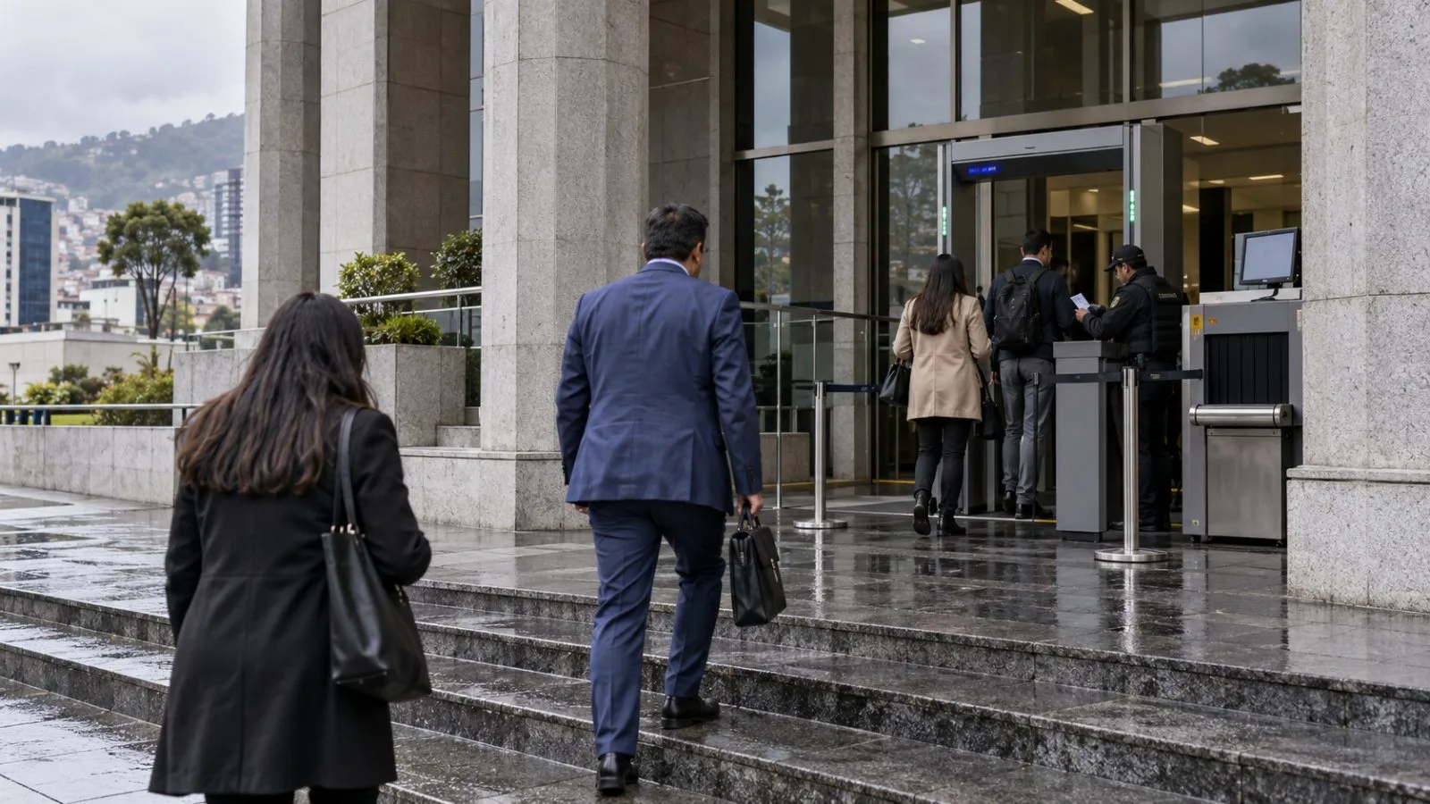 People enter Ecuador’s Attorney General’s Office in Quito during a campaign finance investigation. (AI-generated image / EconoTimes)