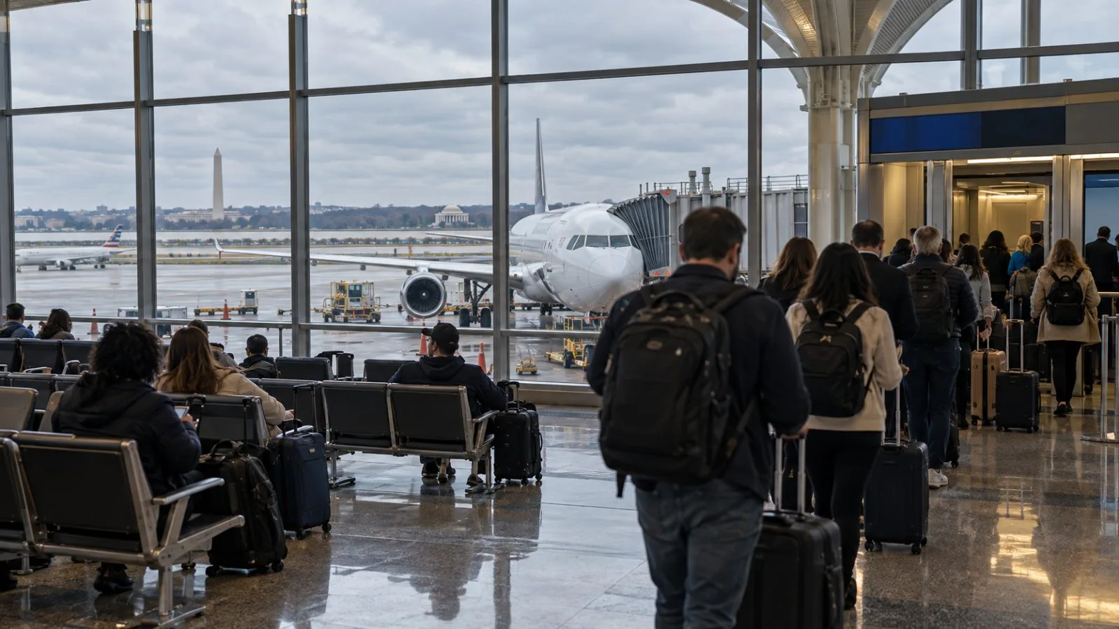 Travelers queue with carry-on luggage at Reagan National Airport in Arlington, Virginia. (AI-generated image / EconoTimes)