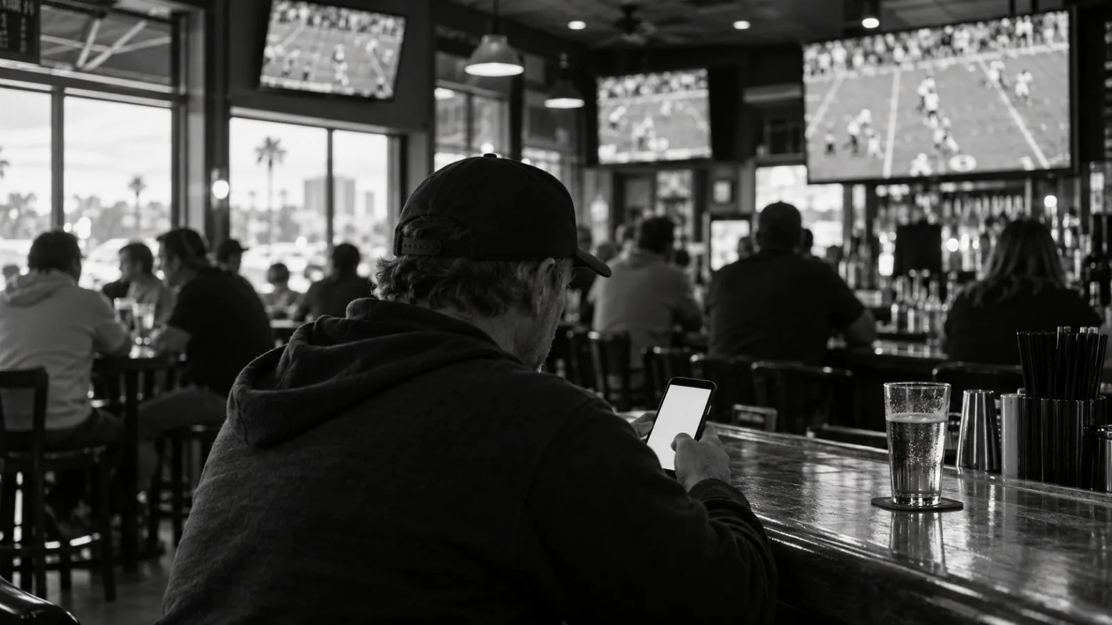 A patron checks a phone during a game at a Las Vegas sports bar. (AI-generated image / EconoTimes)