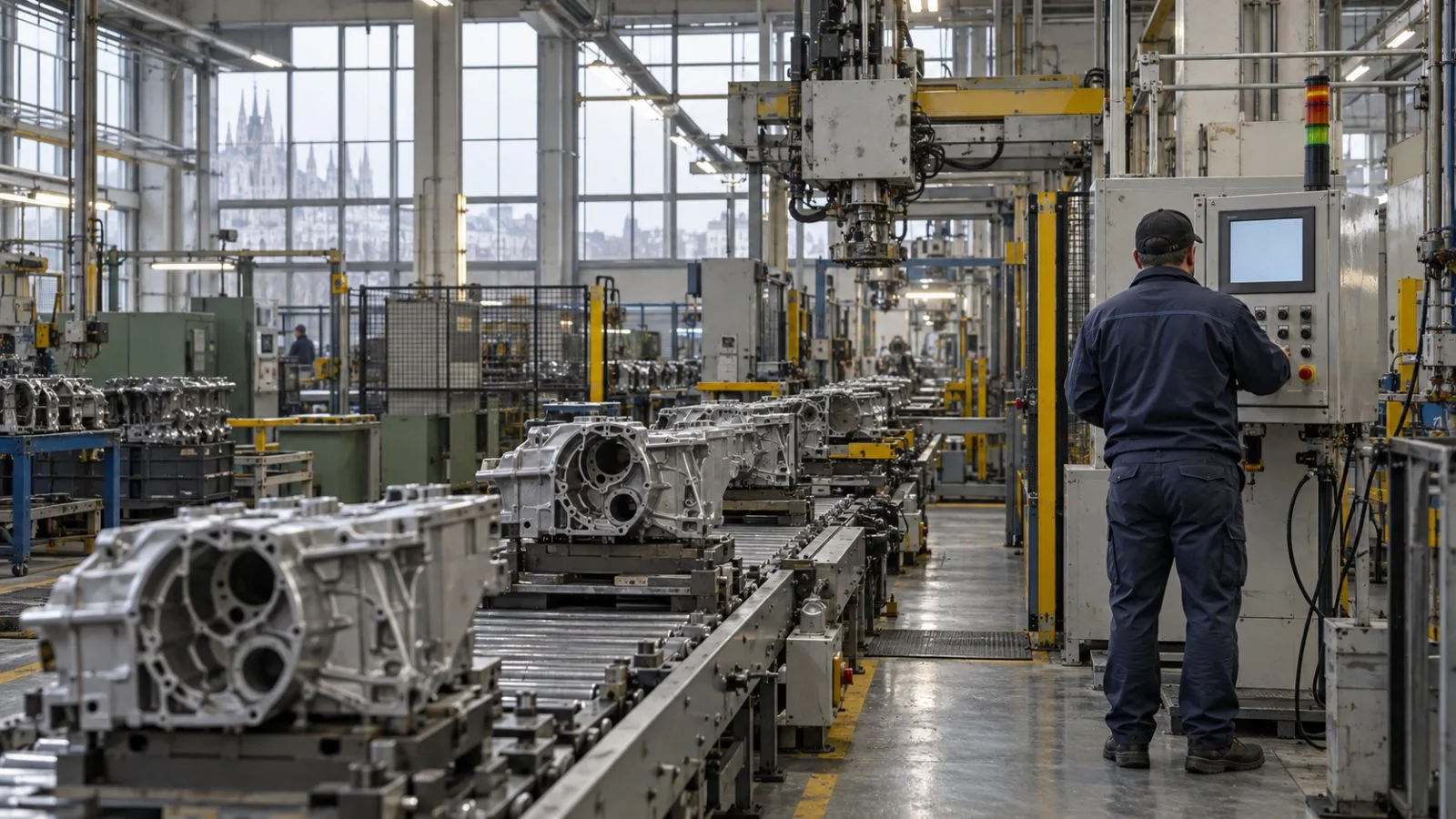 A worker inspects a control panel beside a manufacturing line in Milan, Italy. (AI-generated image / EconoTimes)