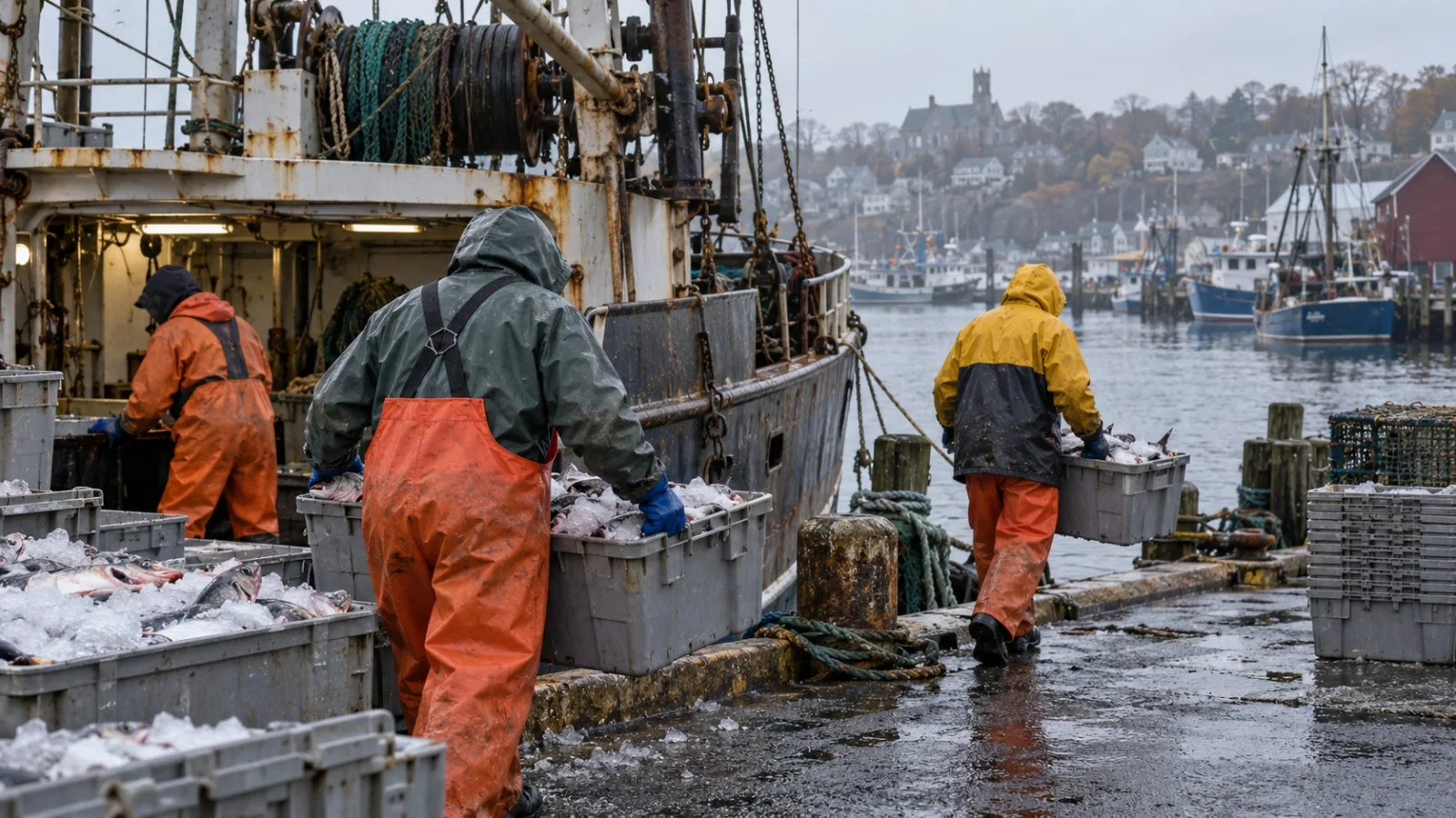 Crew members unload iced fish at Gloucester Harbor in Massachusetts. (AI-generated image / EconoTimes)
