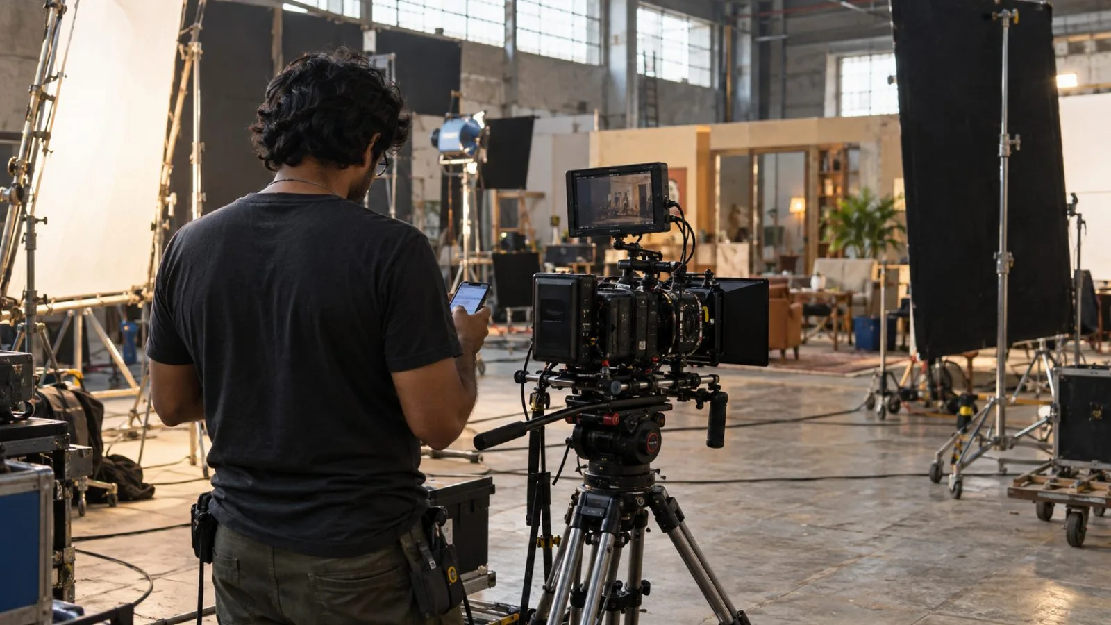 A crew member checks a phone beside a camera at a Mumbai film studio. (AI-generated image / EconoTimes)