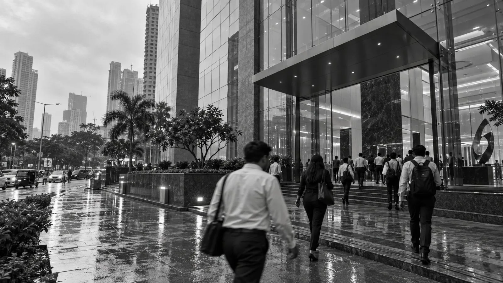 Office workers enter a financial office tower in Prabhadevi, Mumbai, after rain. (AI-generated image / EconoTimes)