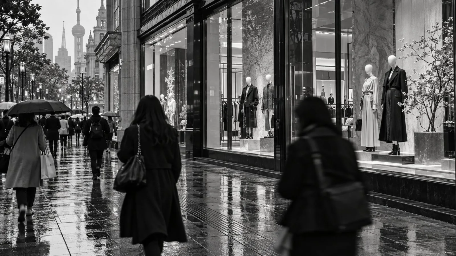 Shoppers pass fashion storefronts along Nanjing Road in Shanghai, China. (AI-generated image / EconoTimes)