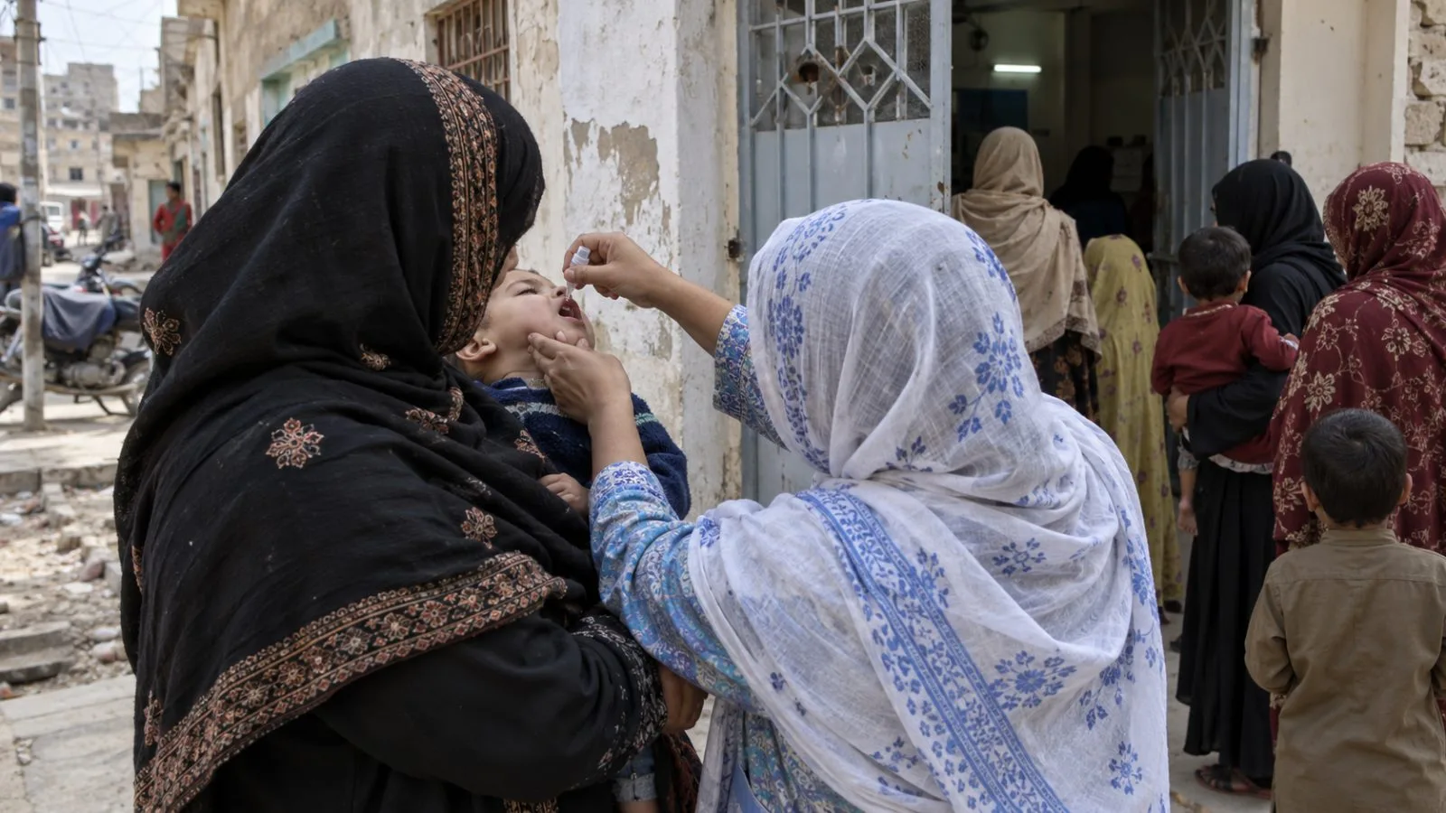 A health worker gives a child oral polio drops at a vaccination point in Karachi, Pakistan. (AI-generated image / EconoTimes)
