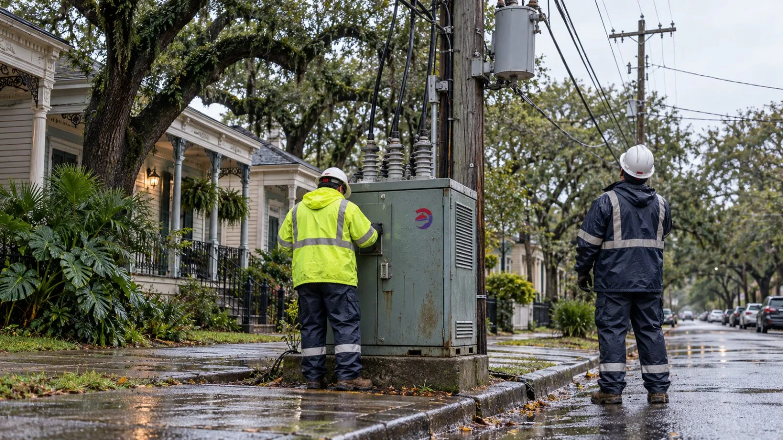 Utility workers inspect a street-side transformer beneath power lines in New Orleans, Louisiana. / EconoTimes.ai