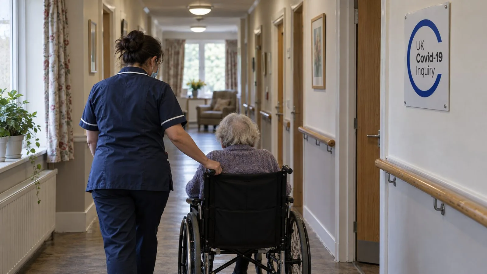 A care worker guides a resident in a wheelchair through a residential care home corridor in London, England. / EconoTimes.ai