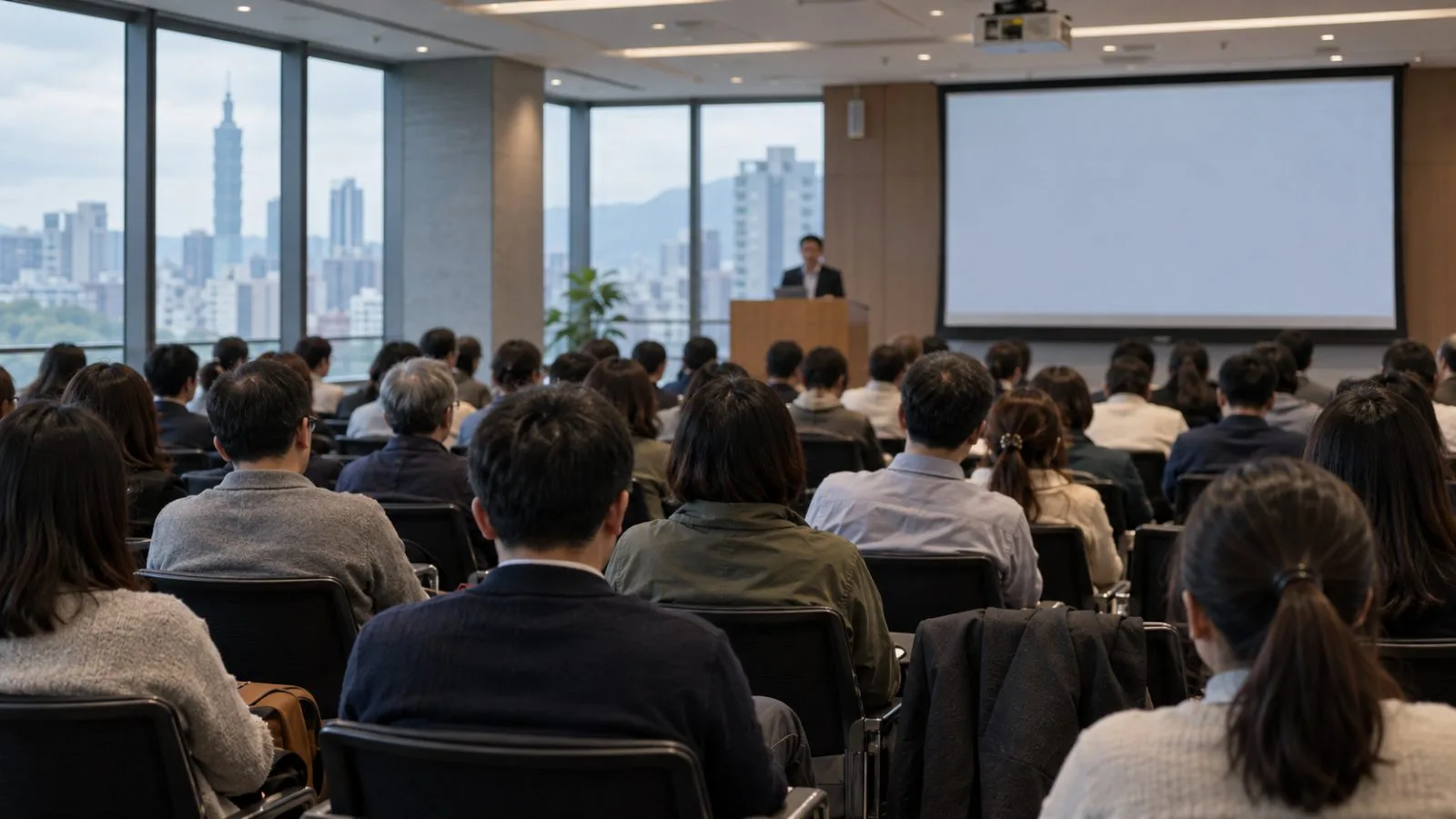 Attendees listen to a speaker in a conference hall in Taipei, Taiwan. (AI-generated image / EconoTimes)