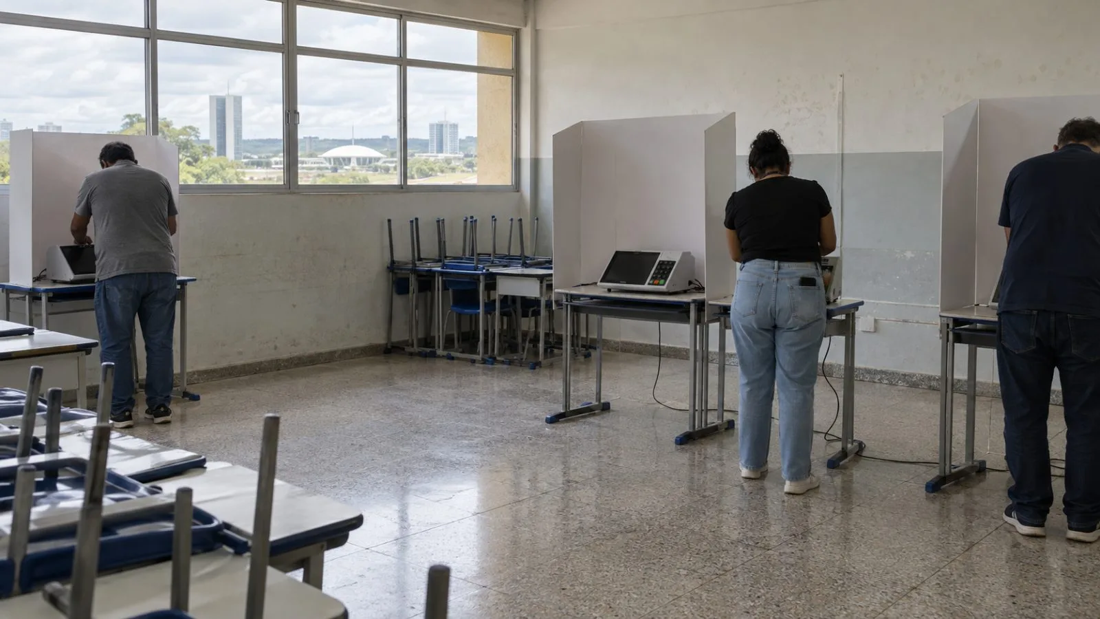 Electronic voting machines are arranged inside a polling station in Brasília, Brazil. (AI-generated image / EconoTimes)