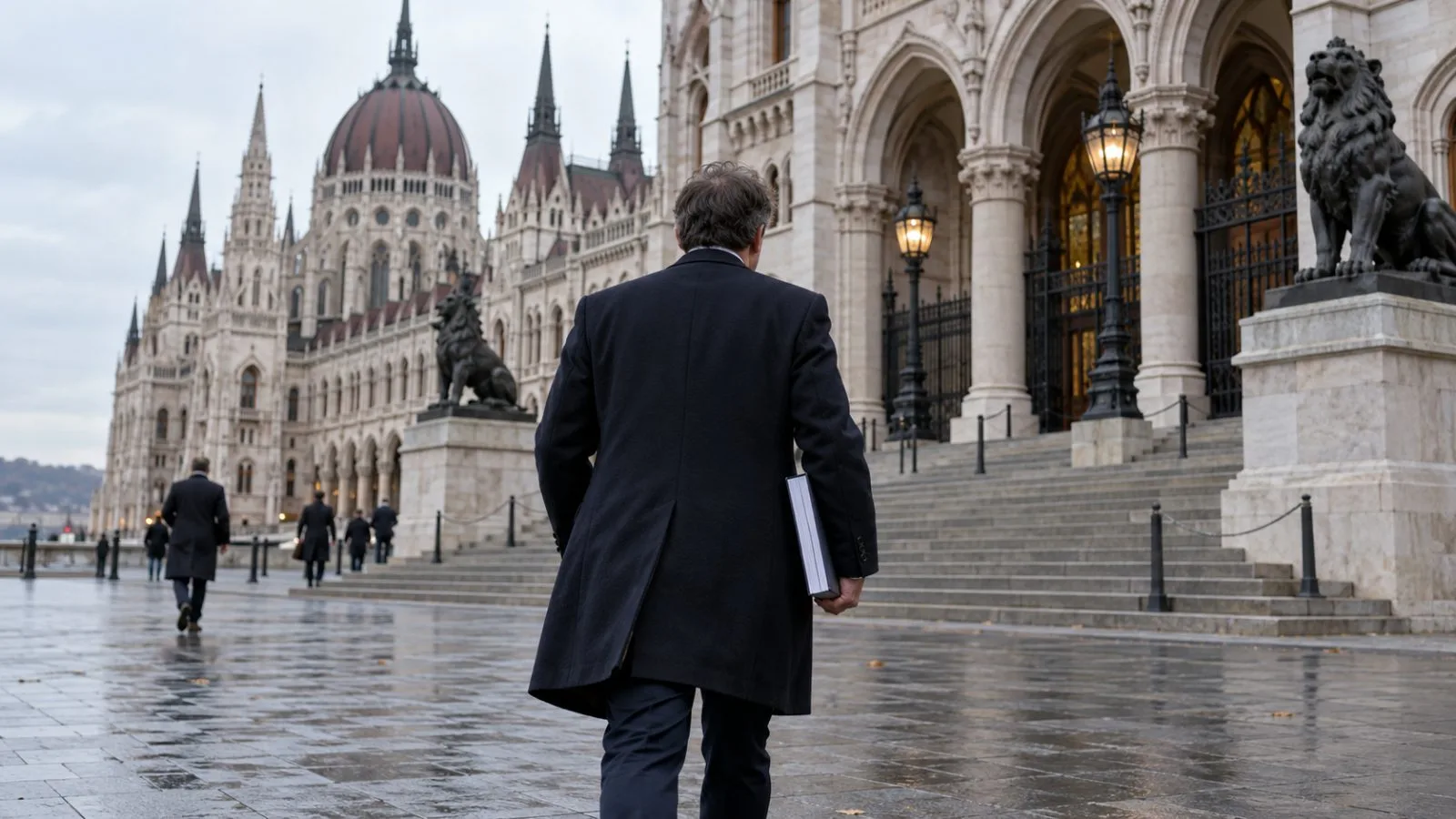 An official carries a bound budget volume outside the Hungarian Parliament in Budapest. (AI-generated image / EconoTimes)