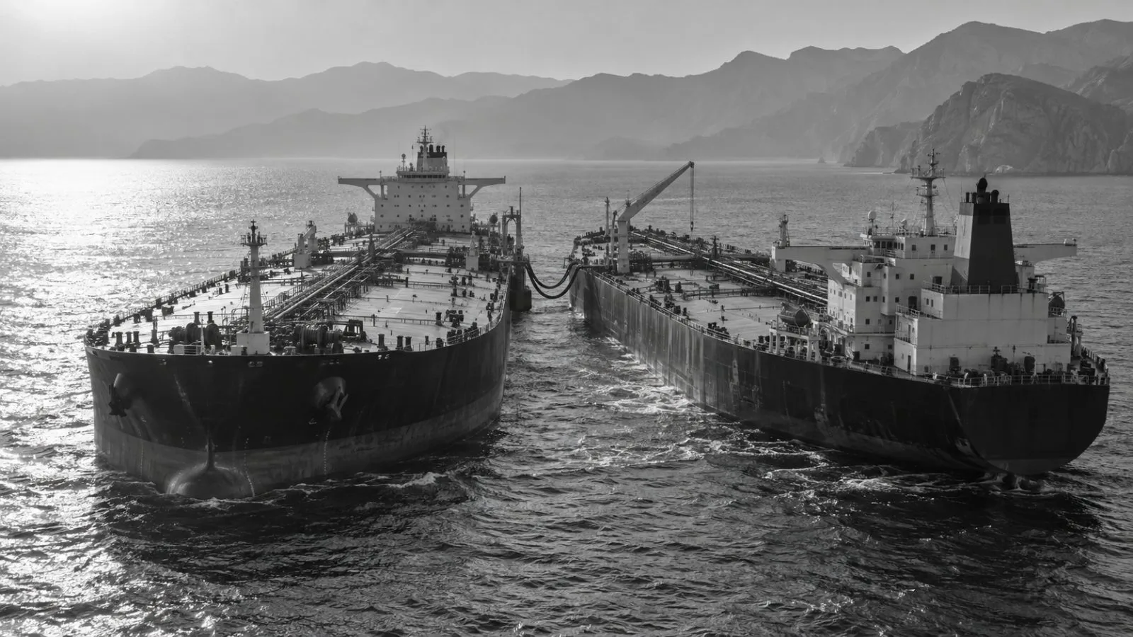 Two oil tankers lie alongside off Khasab, Oman, near the Strait of Hormuz. (AI-generated image / EconoTimes)