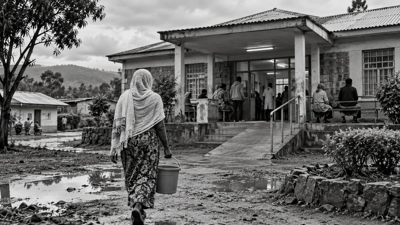 A patient carries a water bucket outside Gada Tokuma Health Centre in Shashemene, Ethiopia. (AI-generated image / EconoTimes)