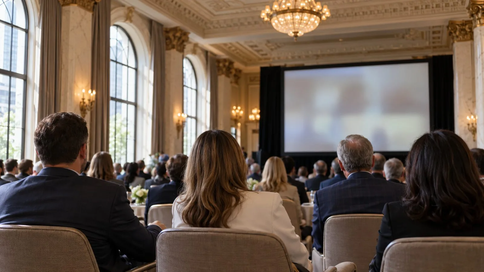 Attendees watch a conference presentation at The Adolphus in Dallas, Texas. (AI-generated image / EconoTimes)