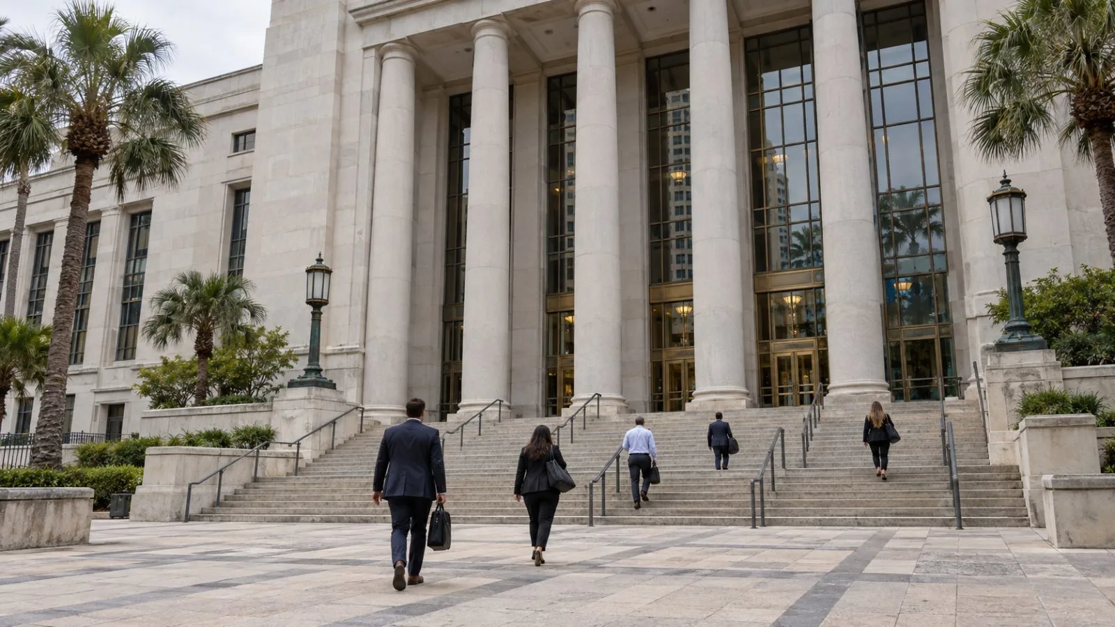 A federal courthouse entrance stands in Tampa, Florida, beneath an overcast sky. (AI-generated image / EconoTimes)